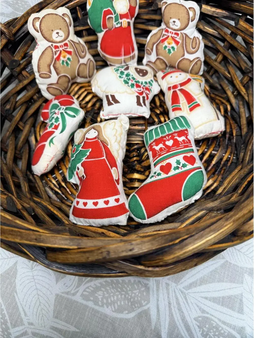 1970s Handmade Cloth Christmas Ornament Set of 8